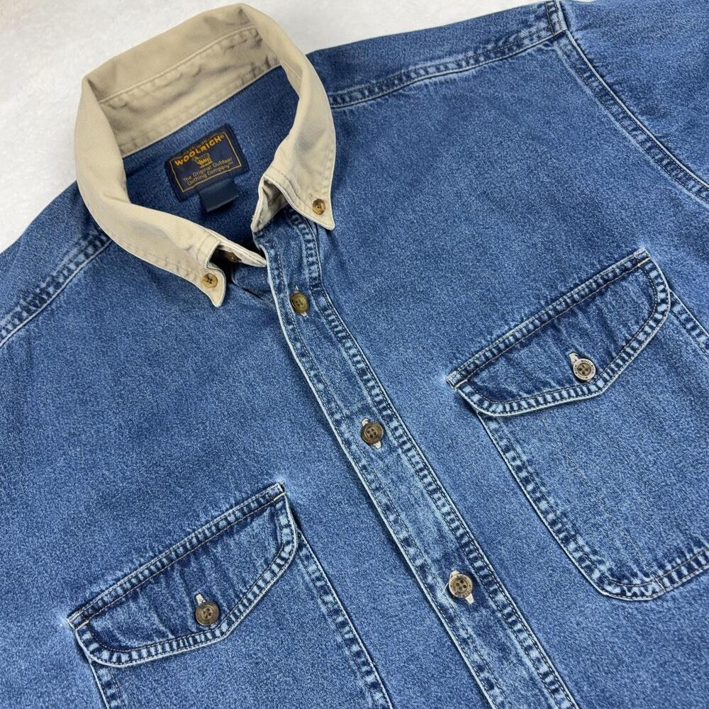 Woolrich Jacket Mens L Blue Denim Military Jacket Collared Pockets Unlined